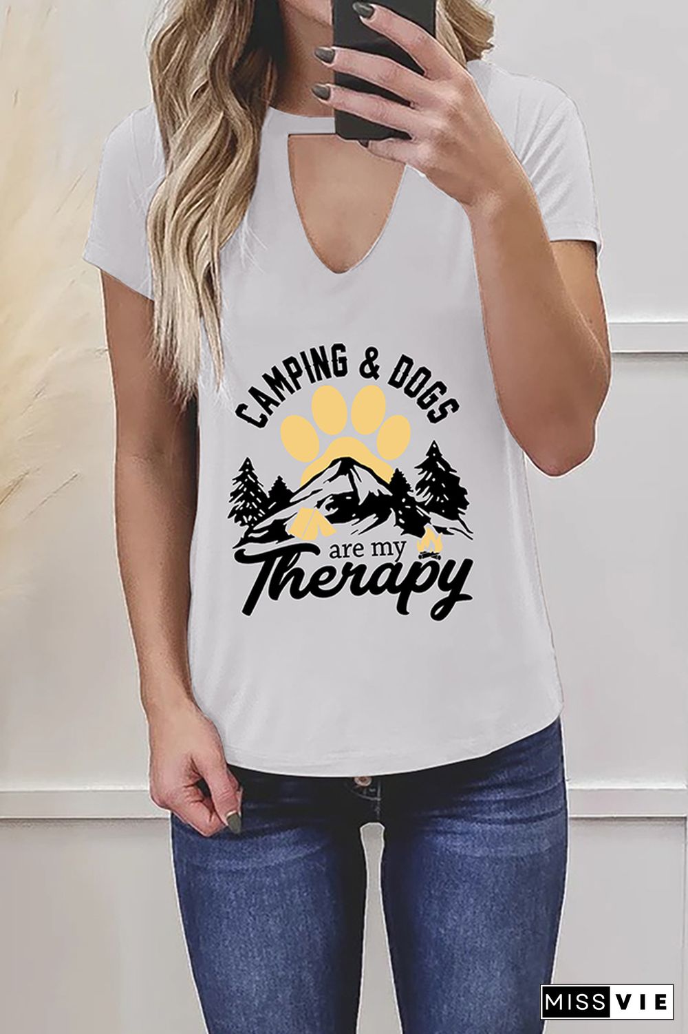 Camping and Dogs are my Therapy Graphic Tees for Women Wholesale Short Sleeve T shirts Top