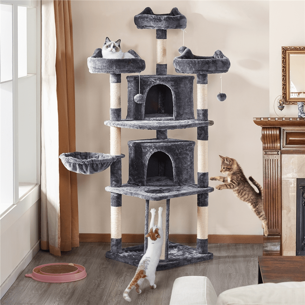 Topeakmart 69'' Large Cat Tree Tower with 2 Condos and Scratching Post， Dark Gray