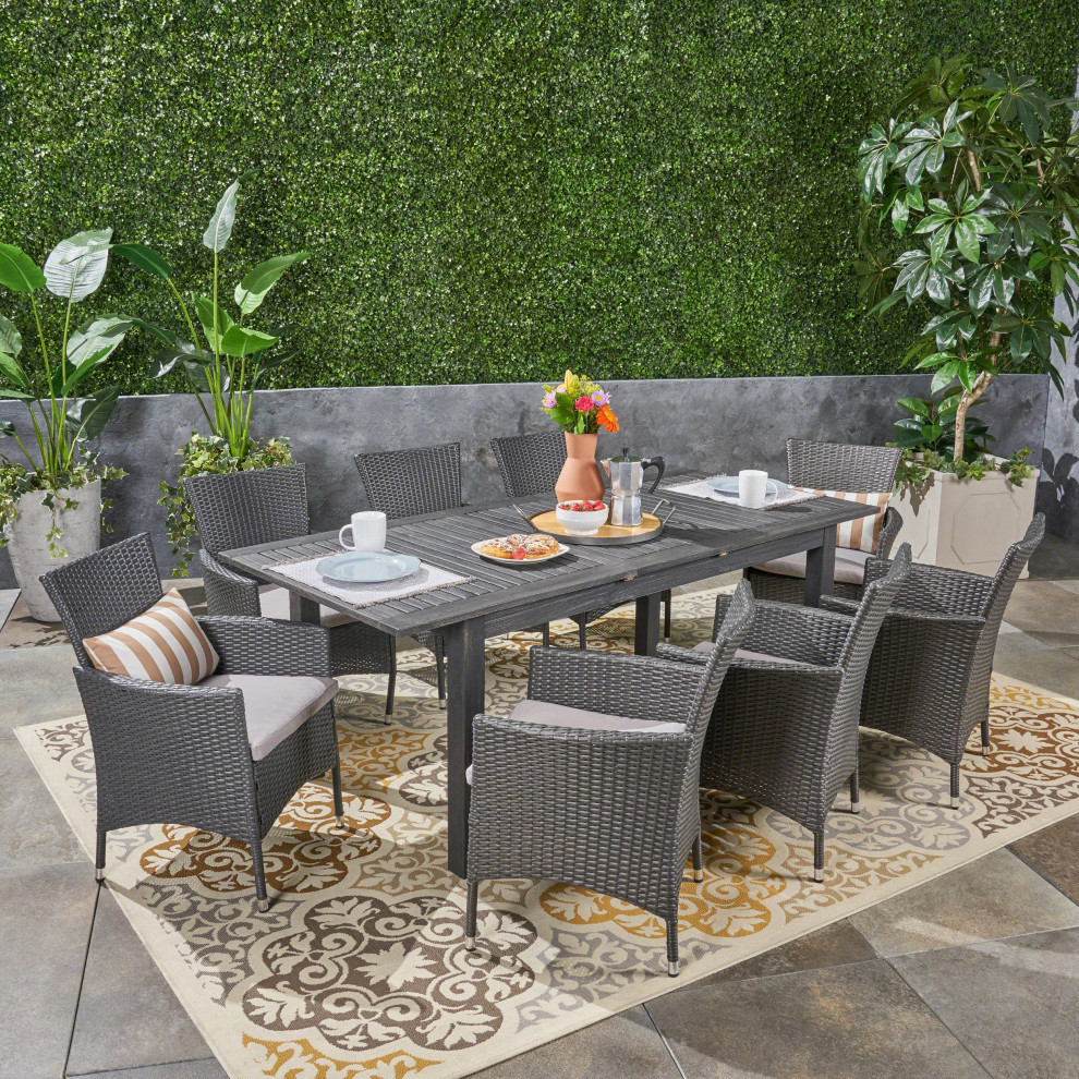 GDF Studio 9 Piece Austin Outdoor Wood/Wicker Expandable Dining Set   Tropical   Outdoor Dining Sets   by GDFStudio  Houzz