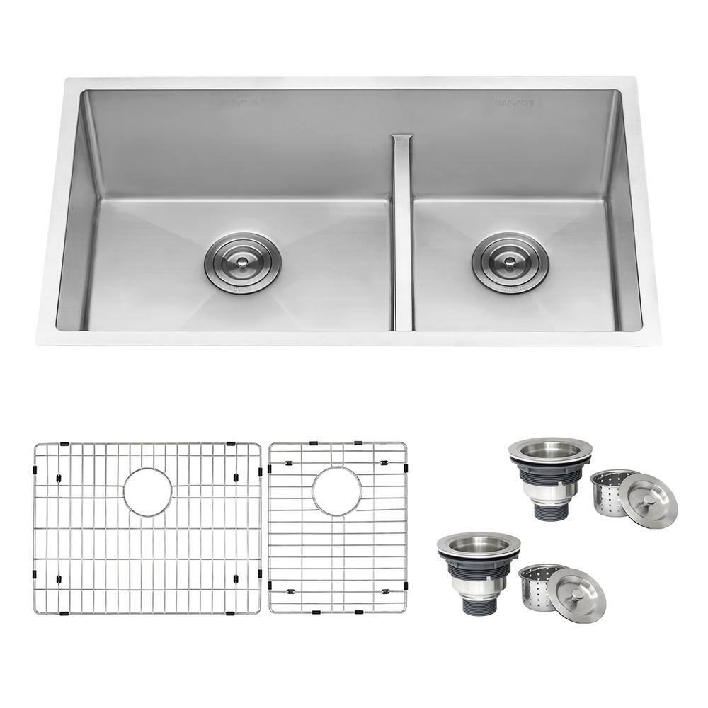 Ruvati Urbana 16-Gauge Stainless Steel 36 in. Double Bowl Undermount Low-Divide Kitchen Sink RVH7417