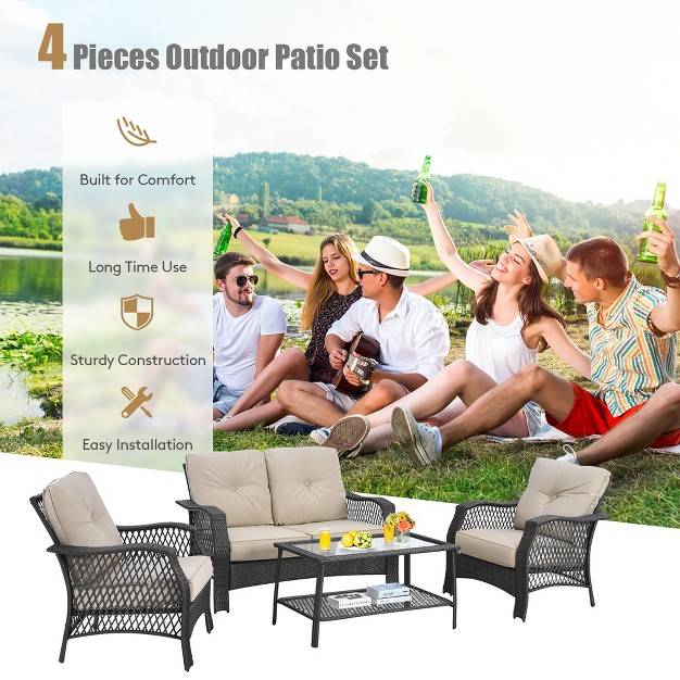 Costway 4pcs Patio Wicker Furniture Set Loveseat Sofa Coffee Table W Cushion