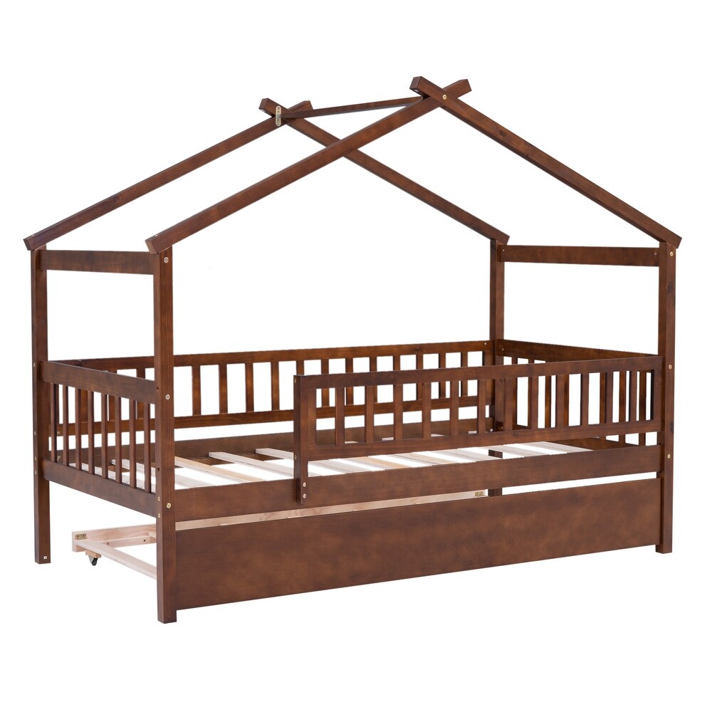 Nordic Twin Size Wooden House Bed with Twin Size Trundle Bed Frame   Safety Guard Rails No Box Spring Needed  Easy Assembly