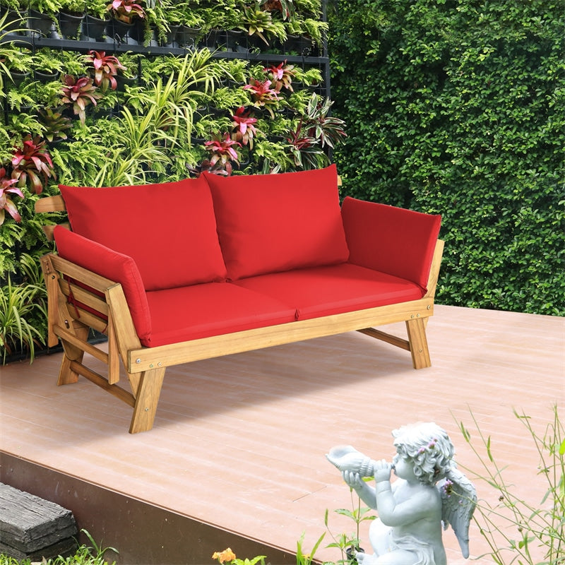 Outdoor Daybed Acacia Wood Convertible Couch Sofa Bed with Adjustable Armrest & Cushion