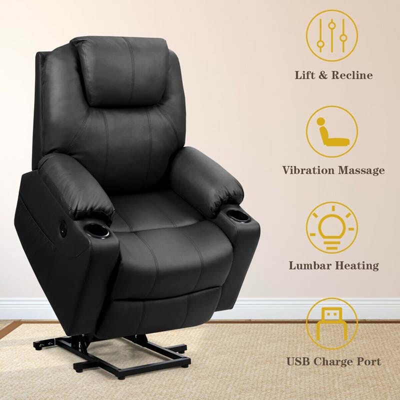 Electric Power Lift Recliner, Leather Massage Reclining Sofa, Elderly Lift Chair with Lumbar Heating & 8 Vibrating Nodes, Cup Holder, USB Port