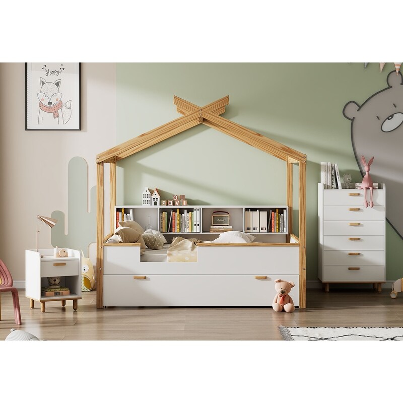 3 Pieces Bedroom Sets White Full Size Wooden House Bed with Trundle + Nightstand + 6 Drawer Chest