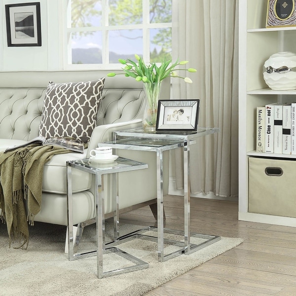 Set of 3 Silver Nesting Tables with Rectangular Glass Top 23.5