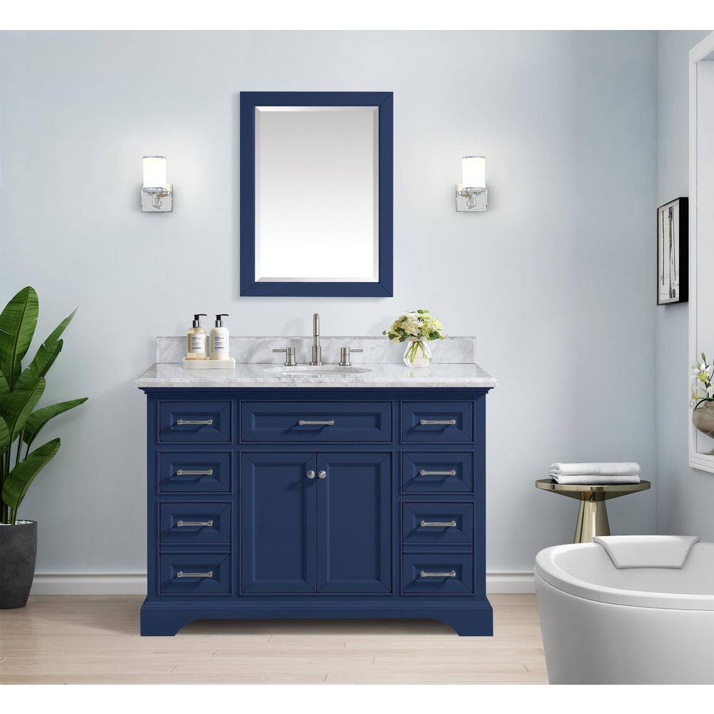 Home Decorators Collection Windlowe 49 in. W x 22 in. D x 35 in. H Freestanding Bath Vanity in Navy Blue with Carrara White Marble Marble Top 15101-VS49C-NB