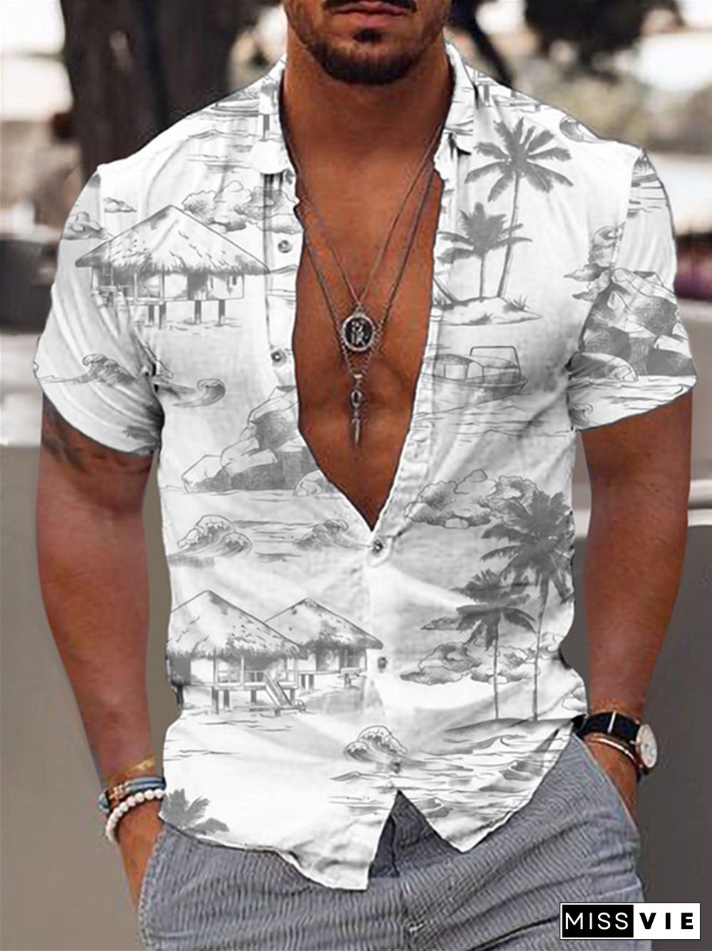 Men's Shirts Coconut Tree Series 3D Digital Printing Hawaii Short-sleeved Printed Shirts White,Black+White,Brown,Green