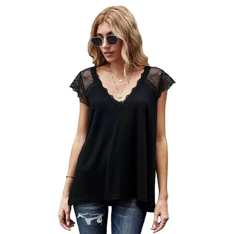 🔥🔥Women's V Neck Lace Vest Summer Casual Short-sleeved Top