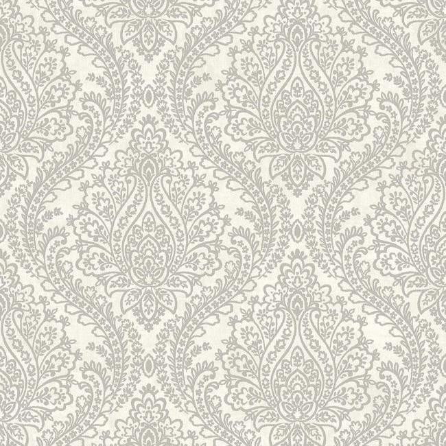 Tattersall Damask Wallpaper in Silver and Grey by Antonina Vella for York Wallcoverings