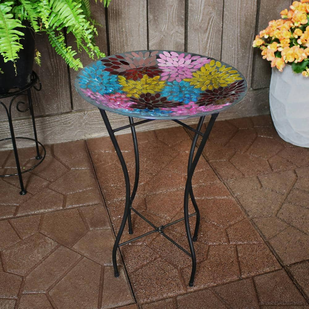 Sunnydaze Decor 14 in. Mosaic Petals Glass Bird Bath Bowl with Stand ZIB-020