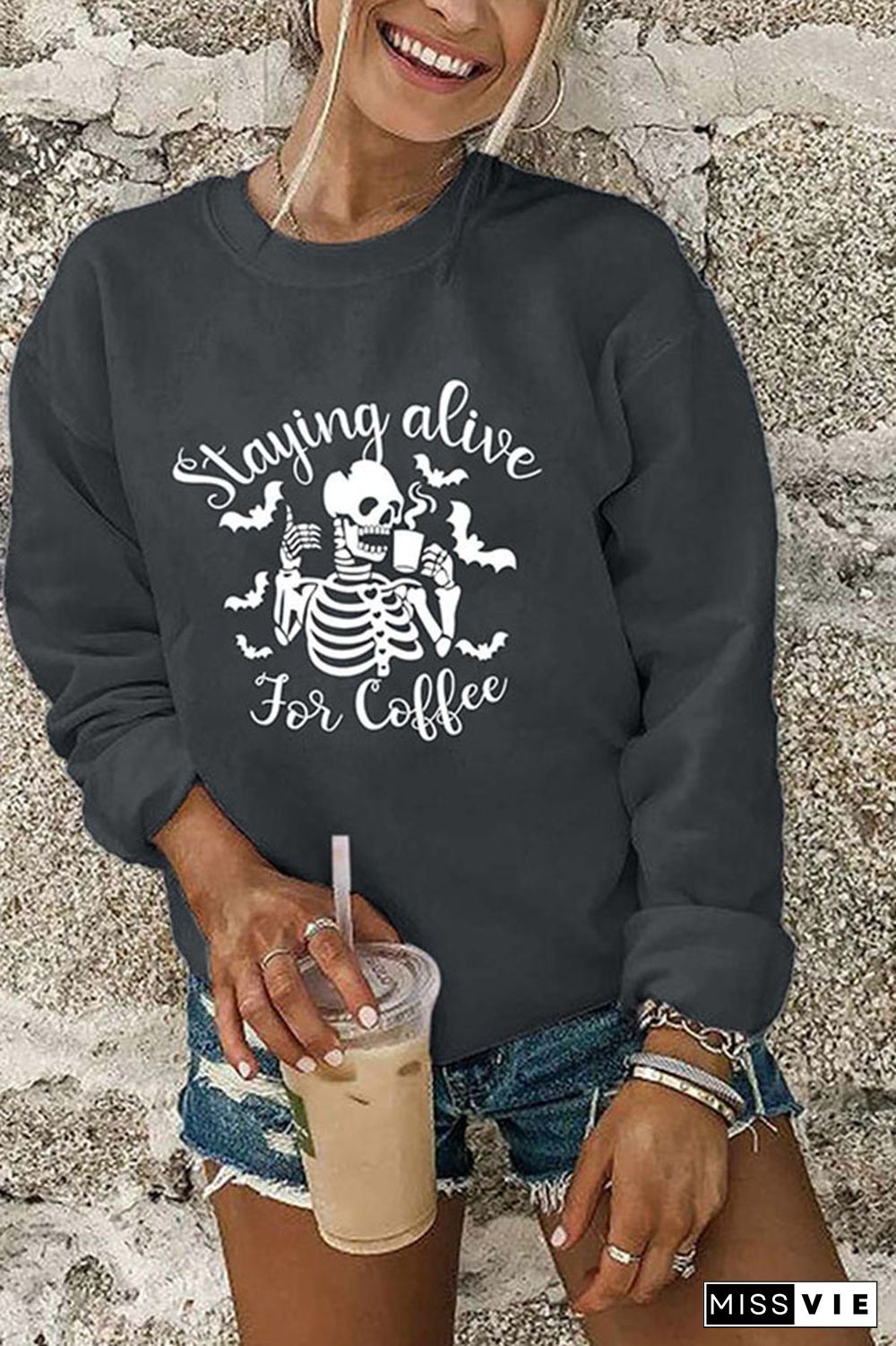 Staying Alive For Coffee Halloween Print O-neck Long Sleeve Sweatshirts Women Wholesale