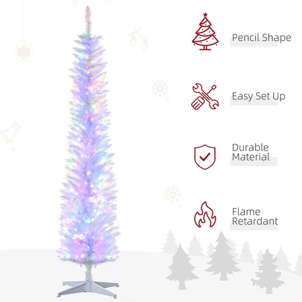 HOMCOM 7ft Tall Pencil Prelit Artificial Christmas Tree Holiday Décor with 500 Colorful Surface Branches，White