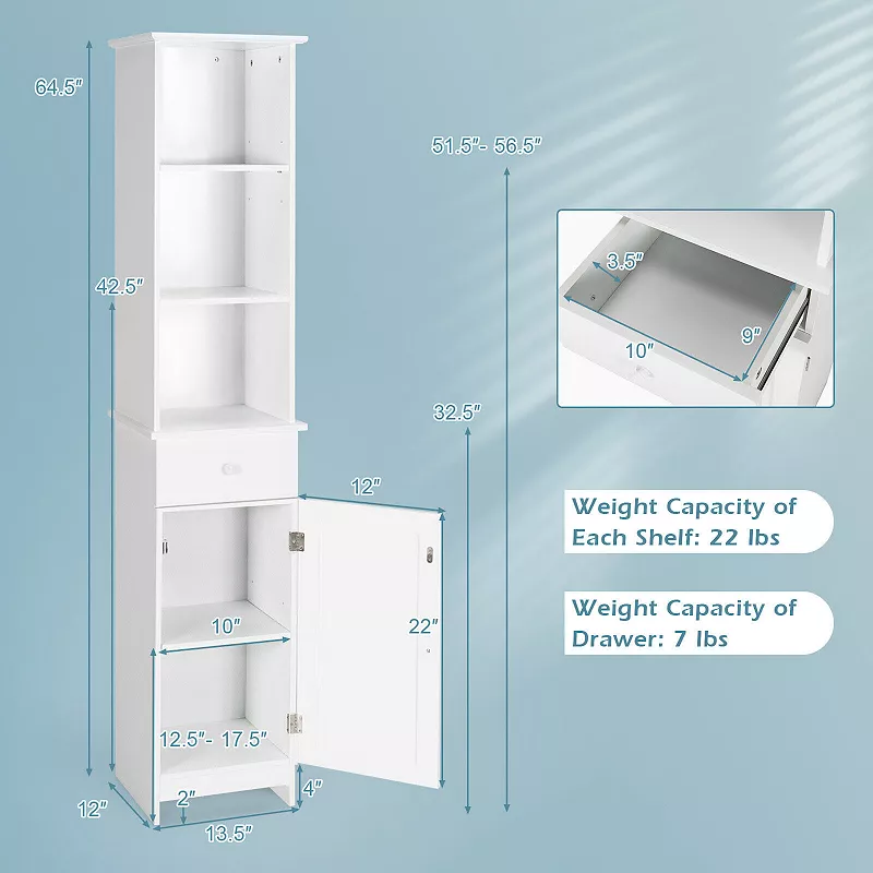 Bathroom Tall Freestanding Storage Cabinet with Open Shelves and Drawer-White