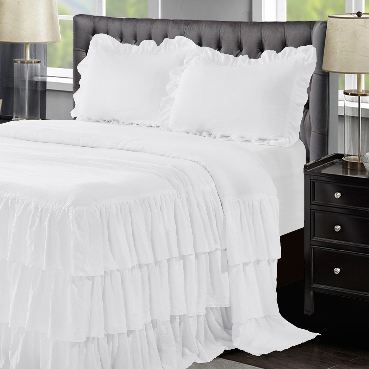 Ruffle Skirt Bedspread Three Layers Design Chic Style Bedding Set