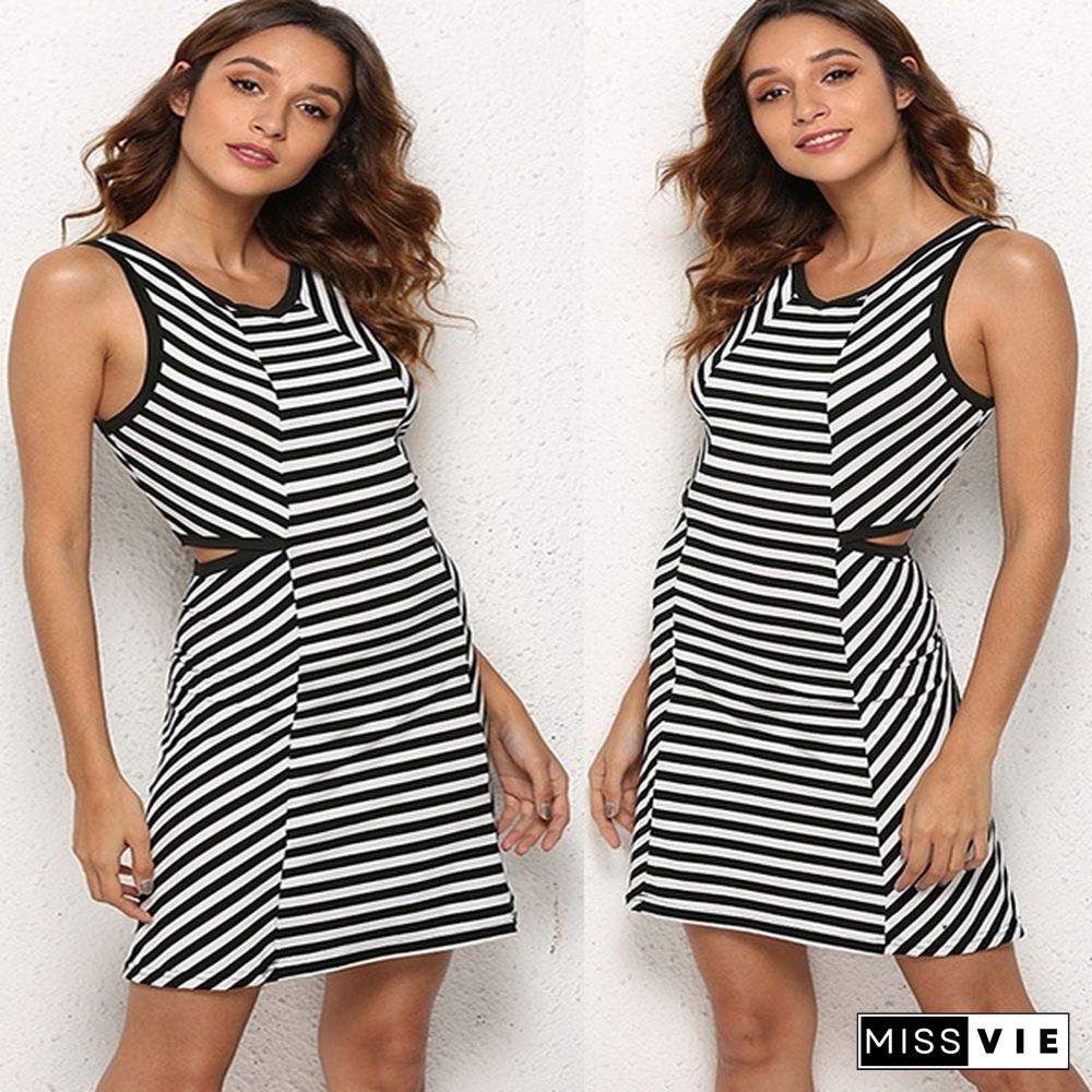 New Fashion V-neck Dress Black White Striped Beach Mini Skirts