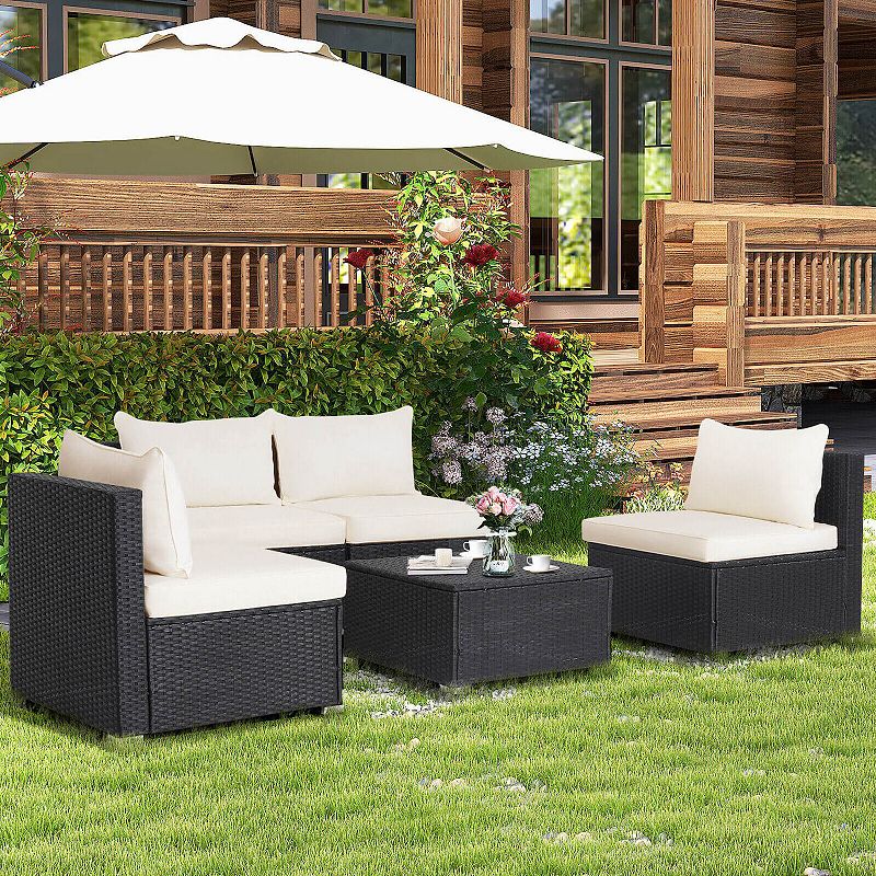 5 Pieces Outdoor Patio Furniture Set with Cushions and Coffee Table