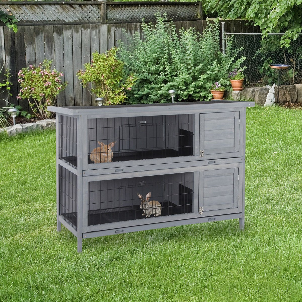 PawHut Raised Compact Dual Outdoor Wooden Rabbit Hutch