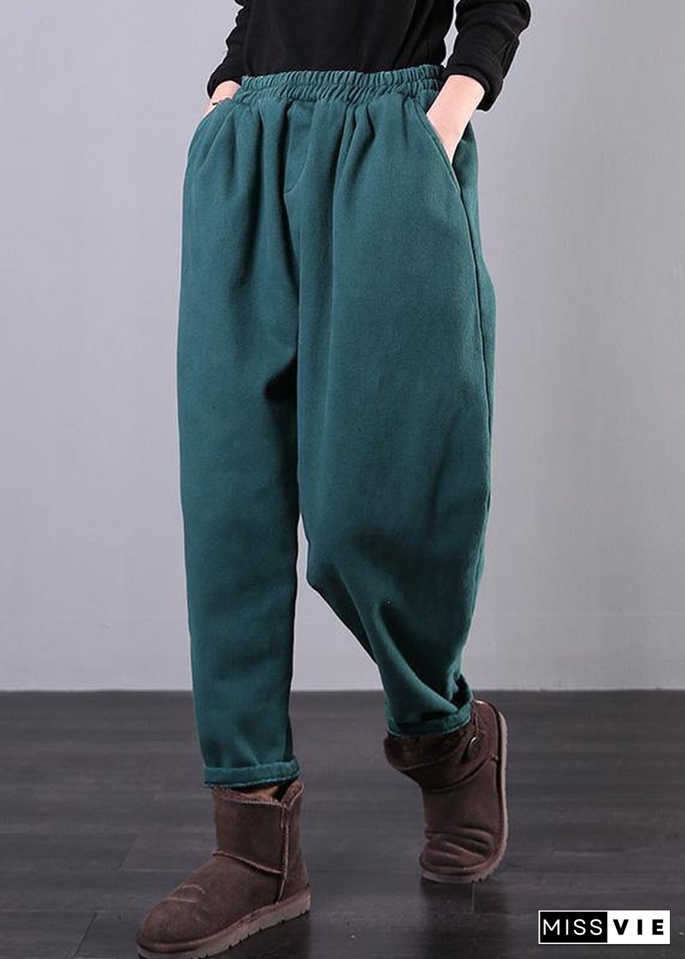 Chic elastic waist wide leg pants stylish blue Outfits pockets harem pants