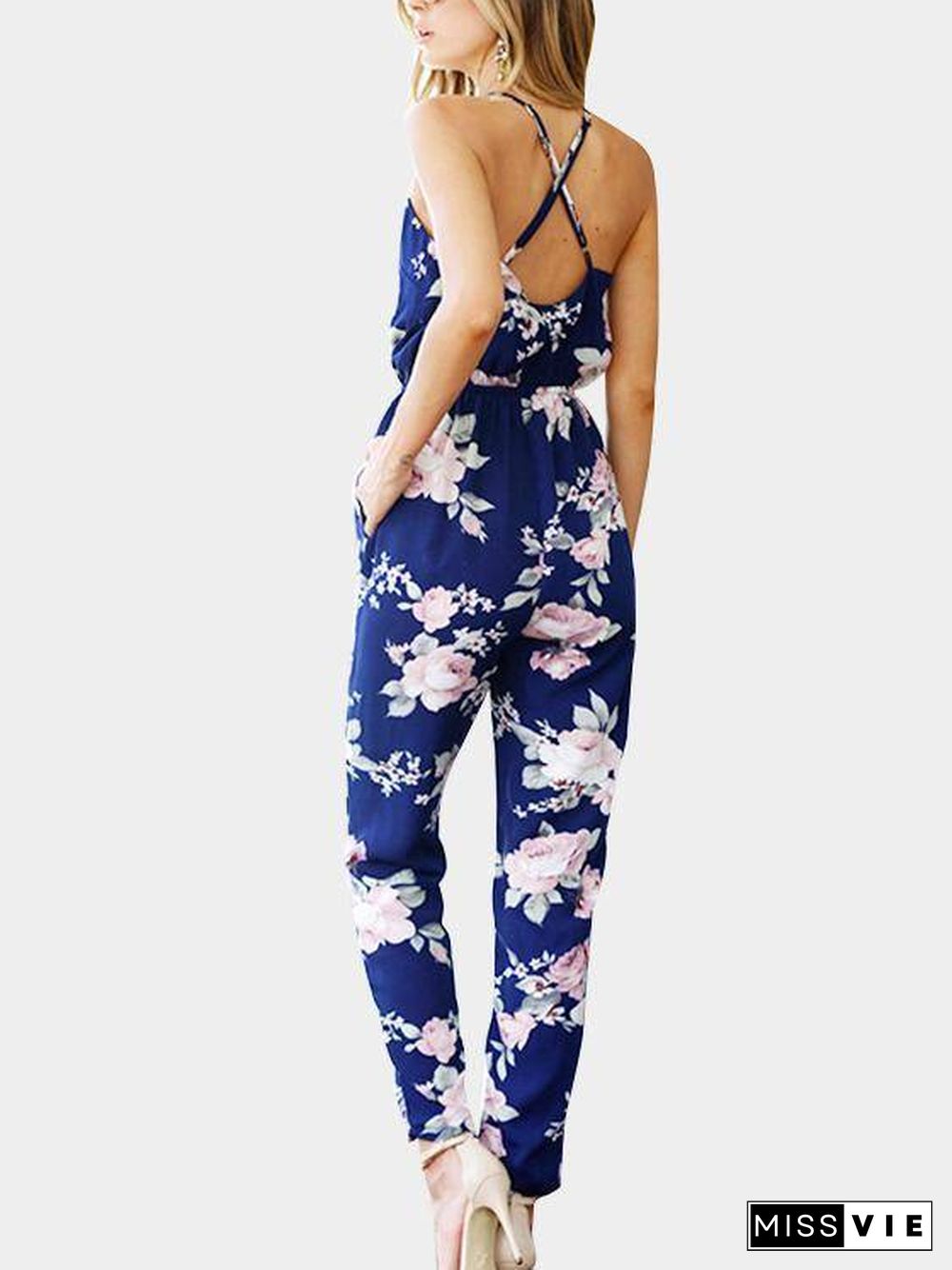 Cross Front V-Neck Random Floral Print Jumpsuit