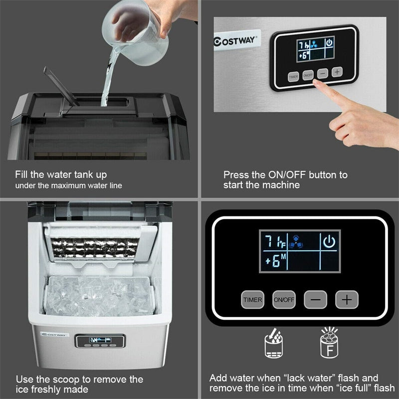 48LBS/24H Stainless Steel Countertop Ice Maker Machine with Self-Clean Function LCD Display Ice Scoop Basket