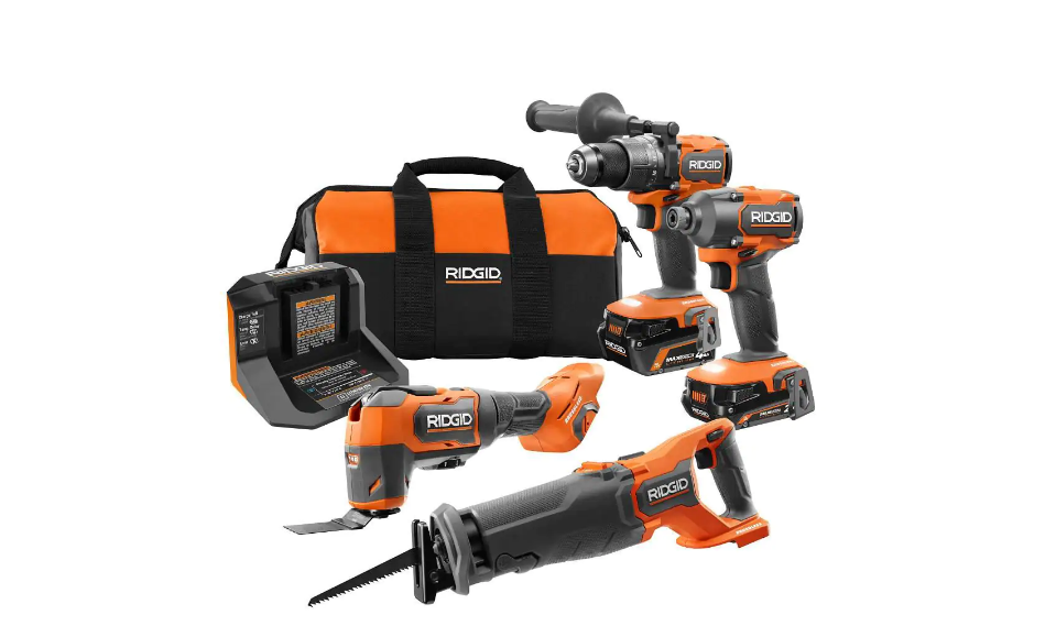 RIDGID R9225 18V Brushless Cordless 4-Tool Combo Kit with (1) 4.0 Ah and (1) 2.0 Ah MAX Output Batteries， 18V Charger， and Tool Bag