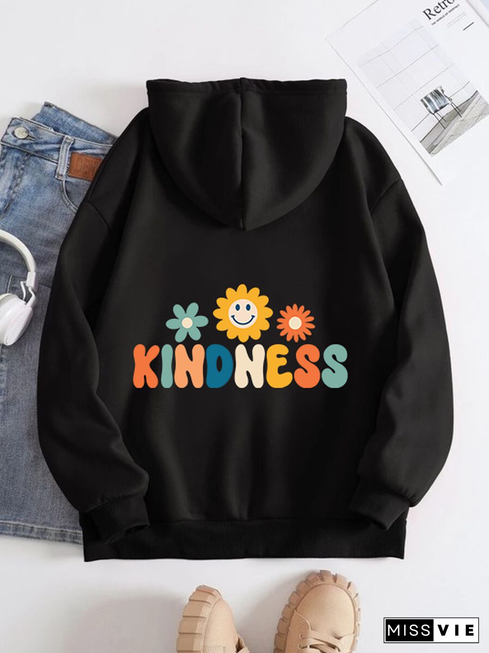 Printed on the Back Kangaroo Pocket Hoodie Long Sleeve for Women Pattern kindness