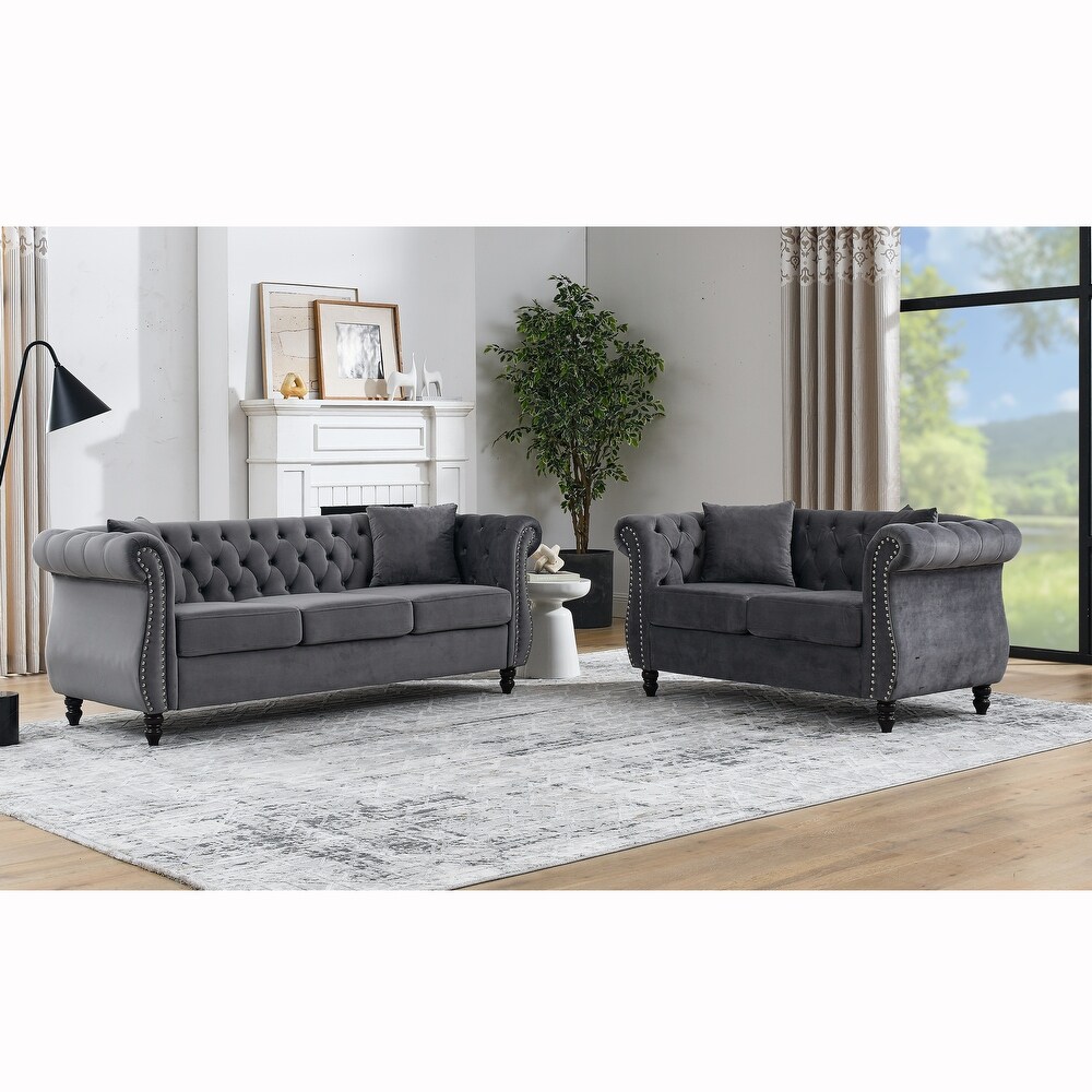 Velvet Chesterfield Sofa Set with Nailhead Trim and Tufted Low Back  Includes Pillows  3 Seater Sofa + Loveseat