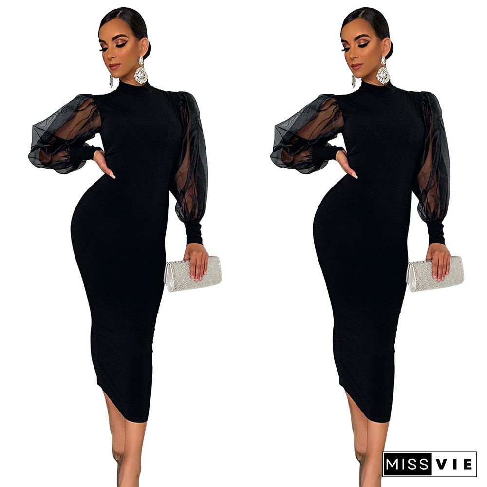 Half Neck Mesh Black Lantern Sleeve Slim Dress