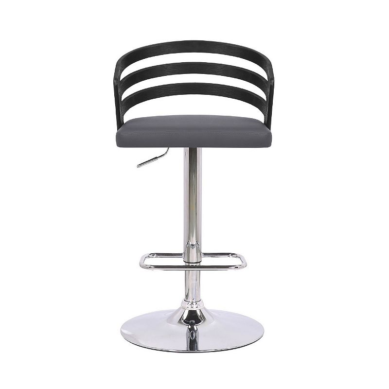 Adjustable Barstool with Curved Open Low Wooden Back， Black and Chrome