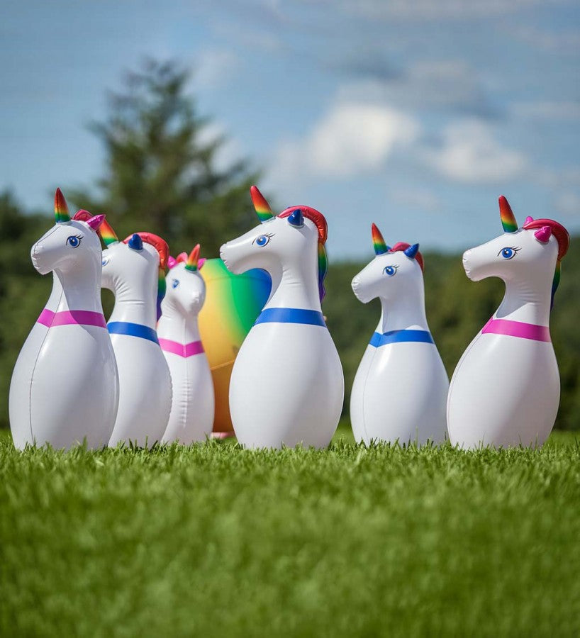 HearthSong Giant Inflatable Unicorn Bowling Set for Kids, with 6 Unicorn Pins and 1 Large Multi-Colored Ball