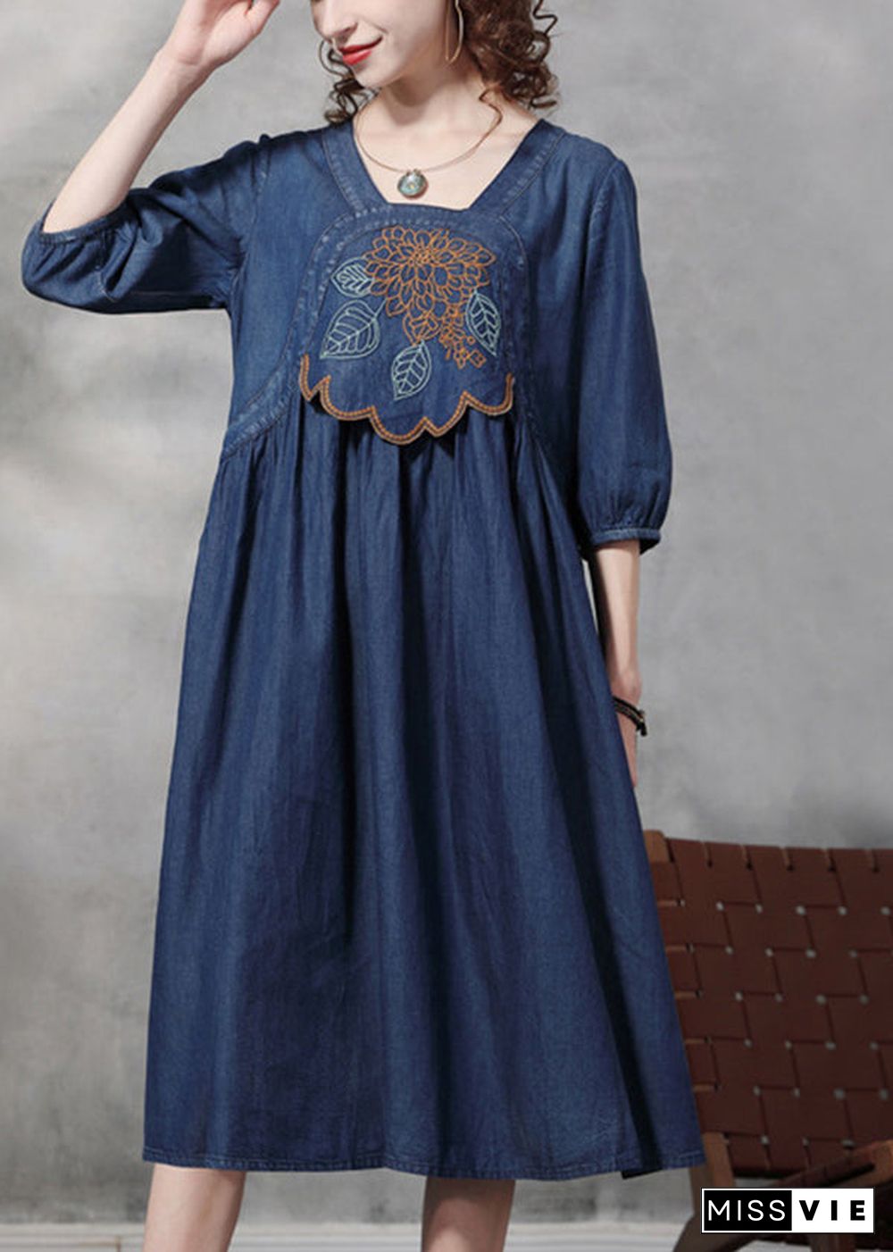 Modern Blue Square Collar Embroideried Cotton Denim Dresses Half Sleeve