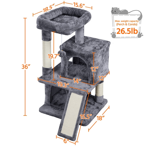 Topeakmart 36'' H Cat Tree Tower with Double Condos Scratching Posts， Dark Gray