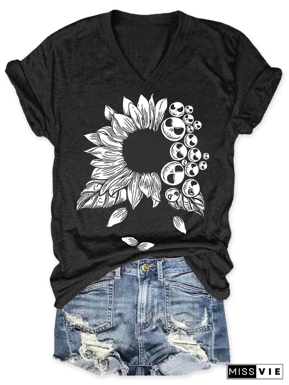 Ghost Sunflower Print V-Neck T-Shirt