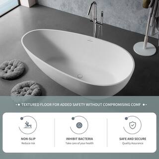 VANITYFUS 59 in. Stone Resin Flatbottom Solid Surface Freestanding Soaking Bathtub in White with Brass Drain VF-CloW34-S