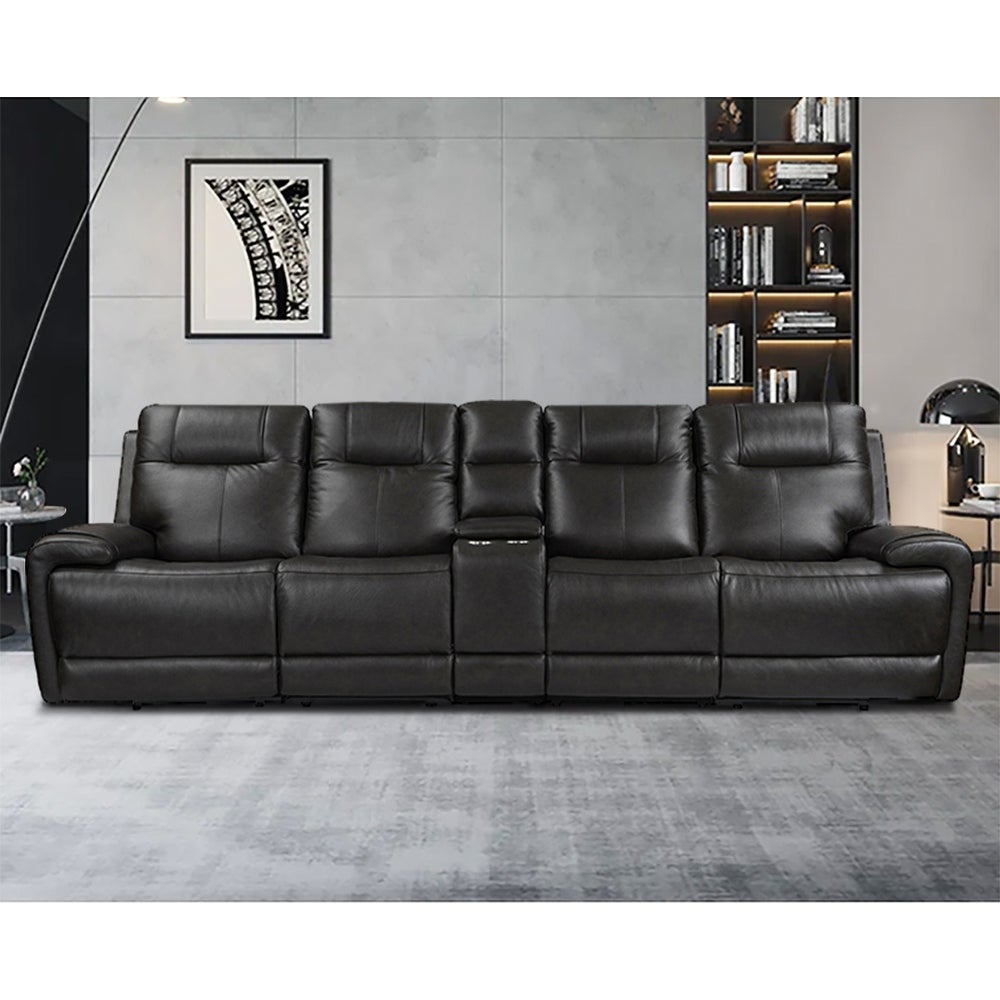 4 Seat Recliner Sofa Top Grain Leather Power Reclining Sofa with Storage Console， Adjustable Headrest