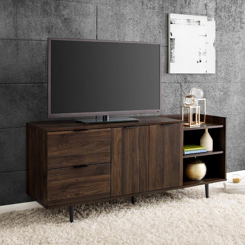 Welwick Designs 58 in. Dark Walnut Wood TV Stand with 2 Drawer Fits TVs Up to 64 in. with Storage Doors HD8107