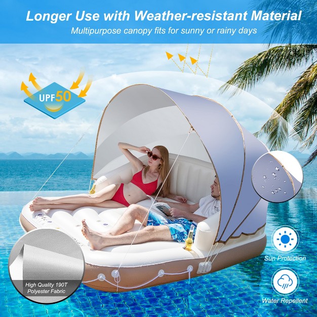 Costway Floating Island Inflatable Swimming Pool Float Lounge Raft With Canopy Spf50 Retractable Detachable Sunshade With Two Cup Holders White