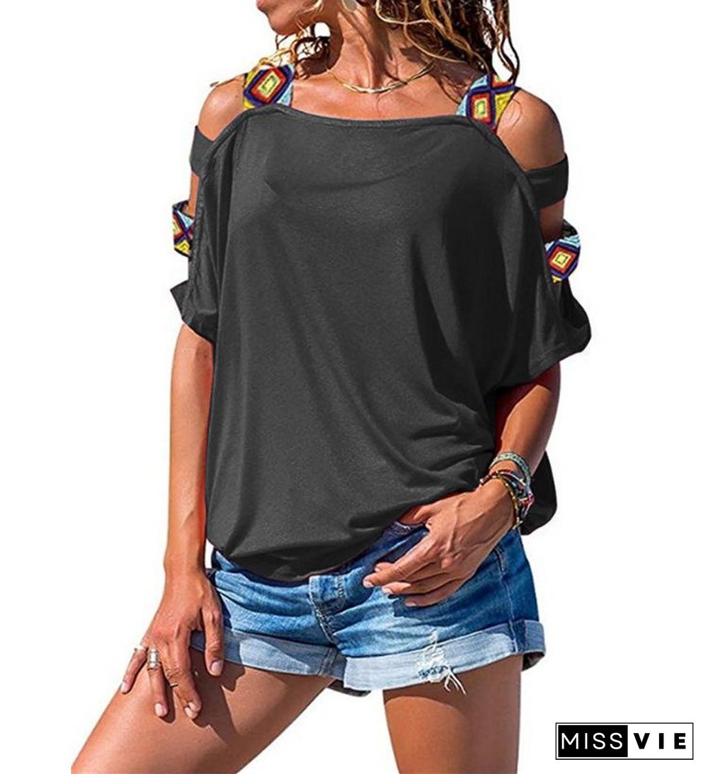 Women's Solid-colored Hollow Short-sleeved Off-the-shoulder T-shirt Top