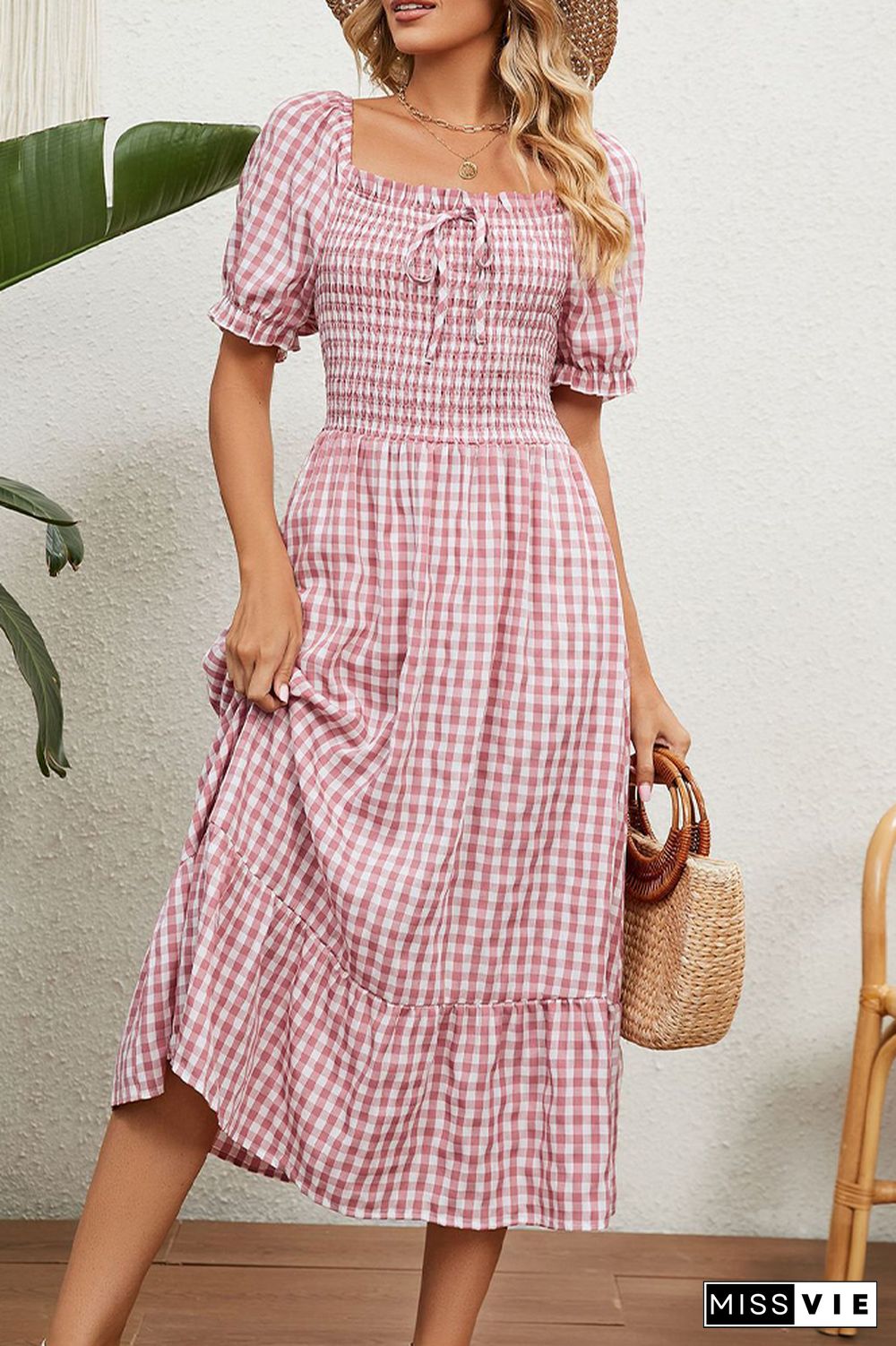 Square Neck Plaid Long Dress