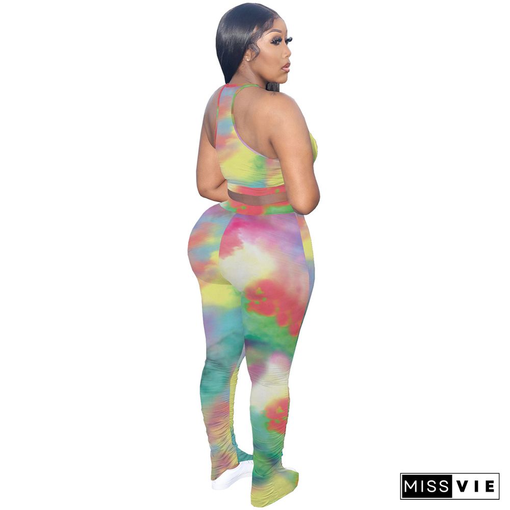 Tie-dye Print Crop Tanks Top and Pleated Pants Sweatsuit