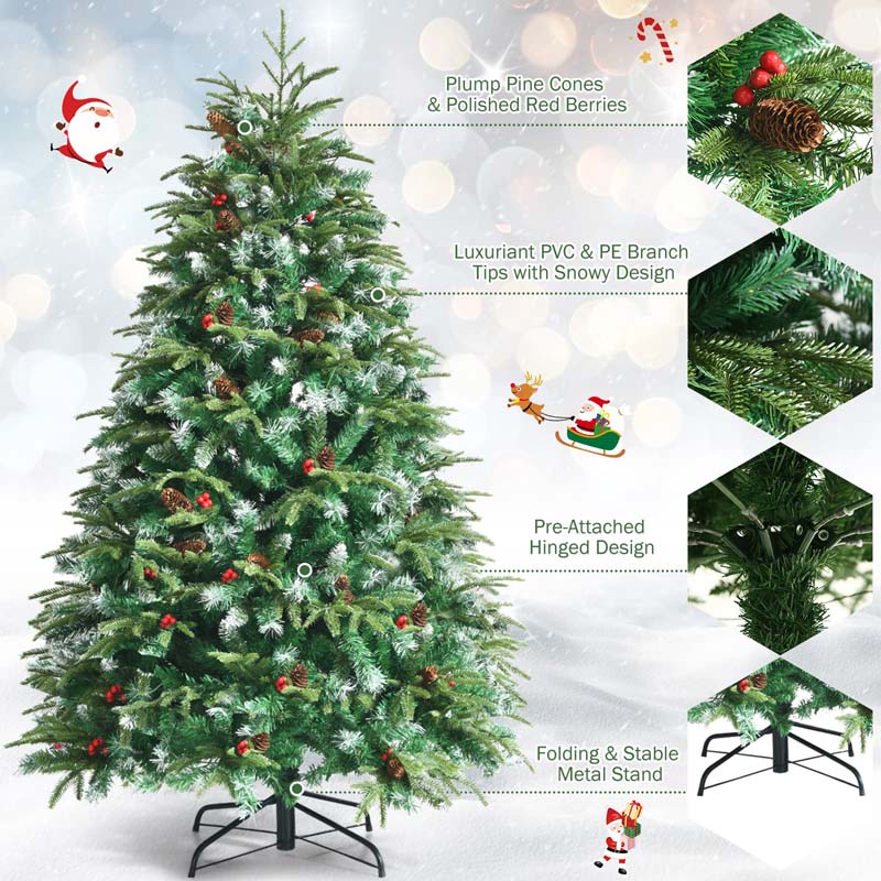 5/6/7/9FT Snowy Leaves Pre-Lit Hinged Artificial Christmas Tree with 11 Flash Modes & Multi-Color Lights