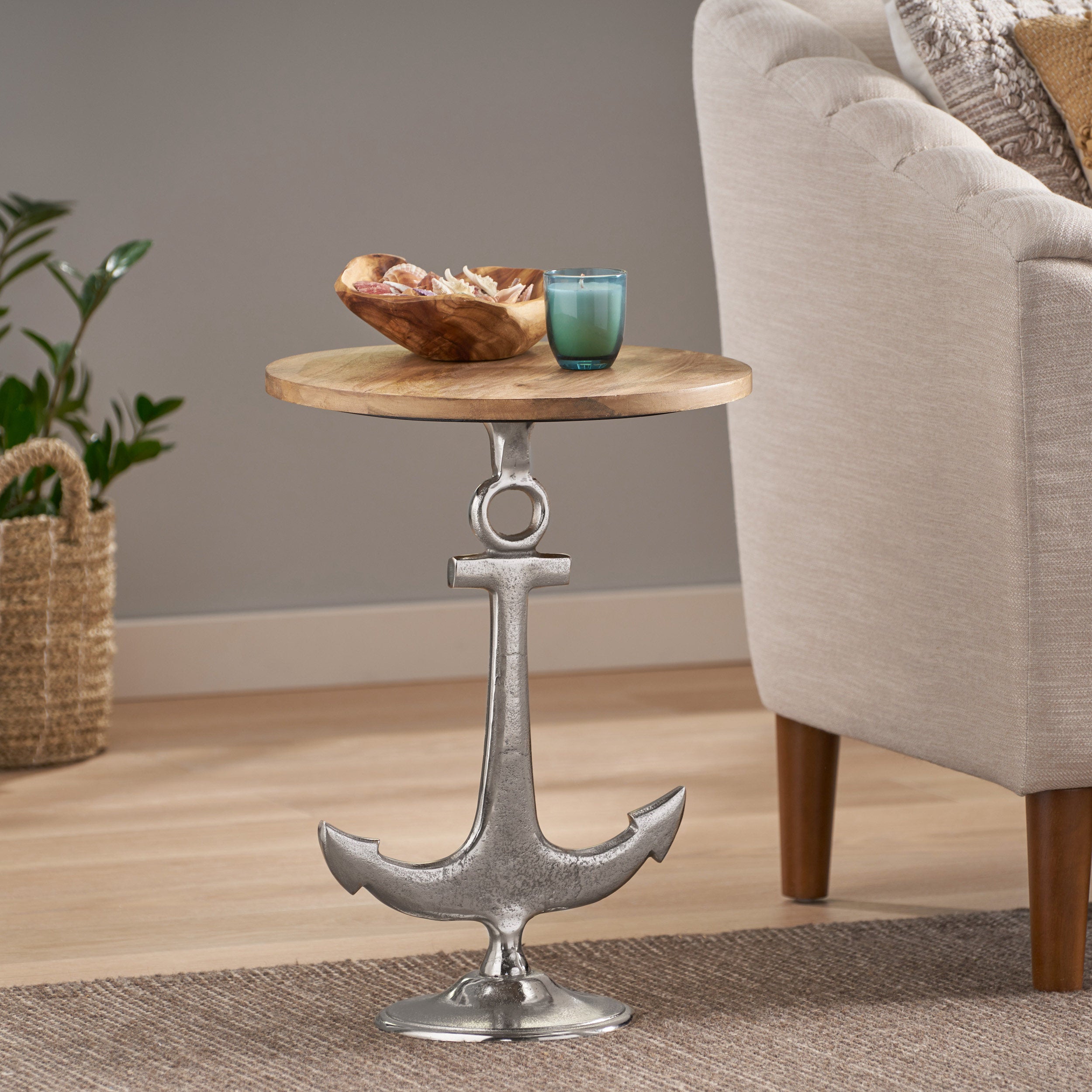 Andrea Coastal Mango Wood and Aluminum Anchor Side Table, Natural and Raw Nickel