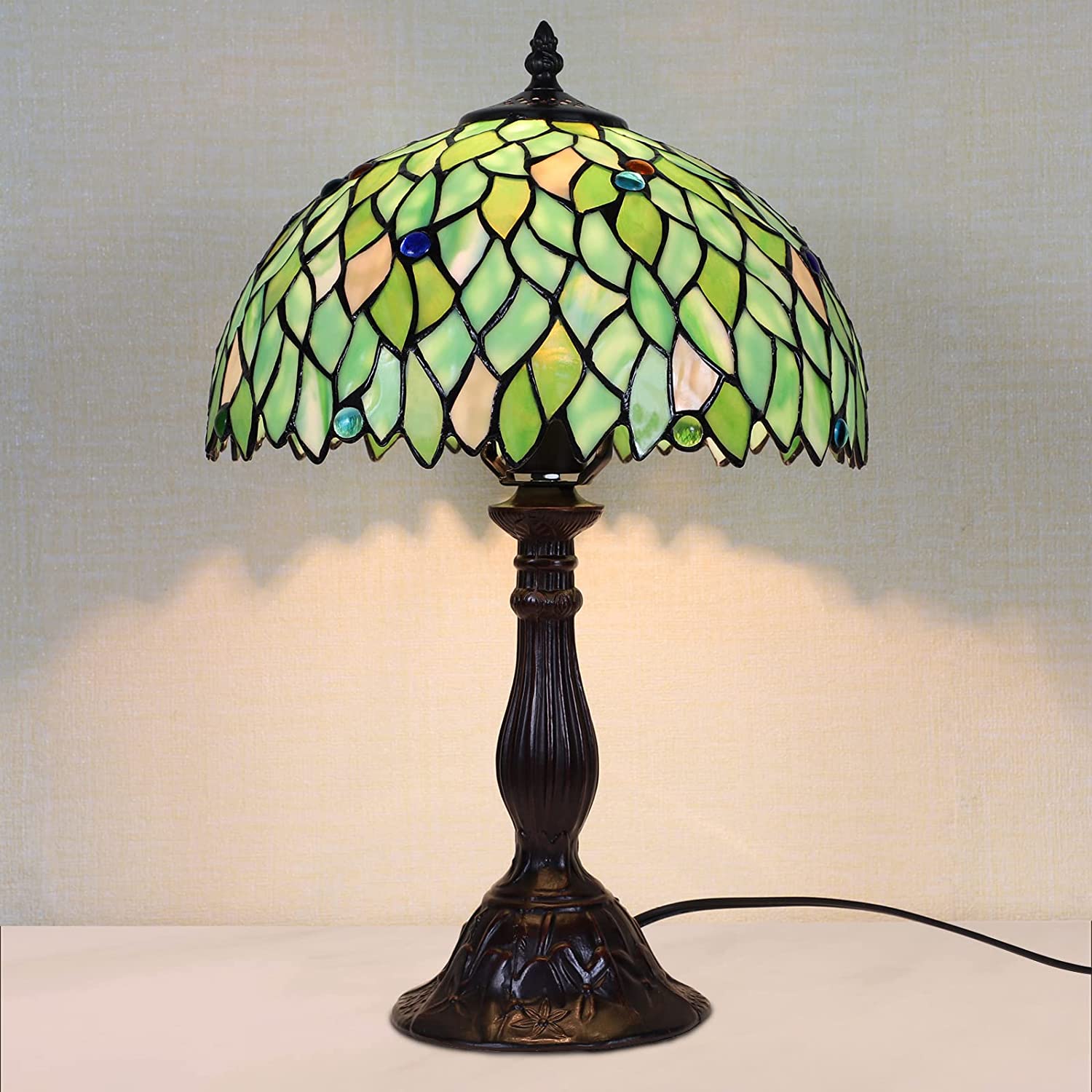 YELROL Tiffany Lamp Table Lamp Stained Glass Leaf Bedside Lamp Reading Desk Light for Bedroom Living Room Green 18\u201D Tall 1 PCS LED Bulb(2700K E26) Included Unique Gifts