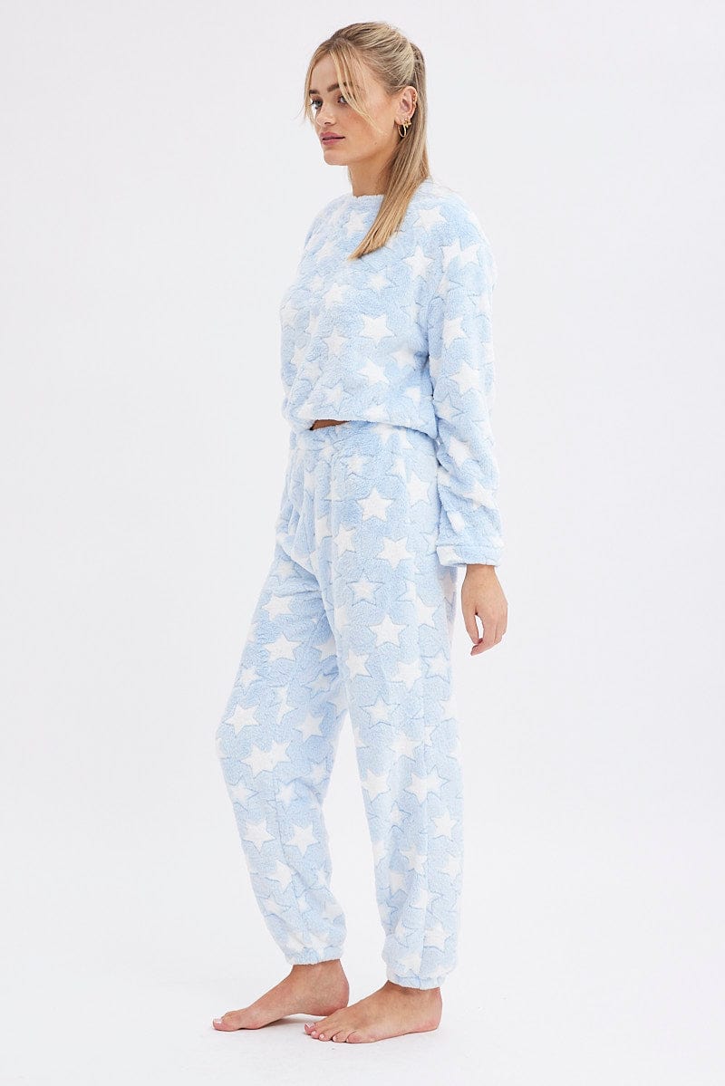 Blue Print Fluffy Pj Star Print Cosy Pyjama Set