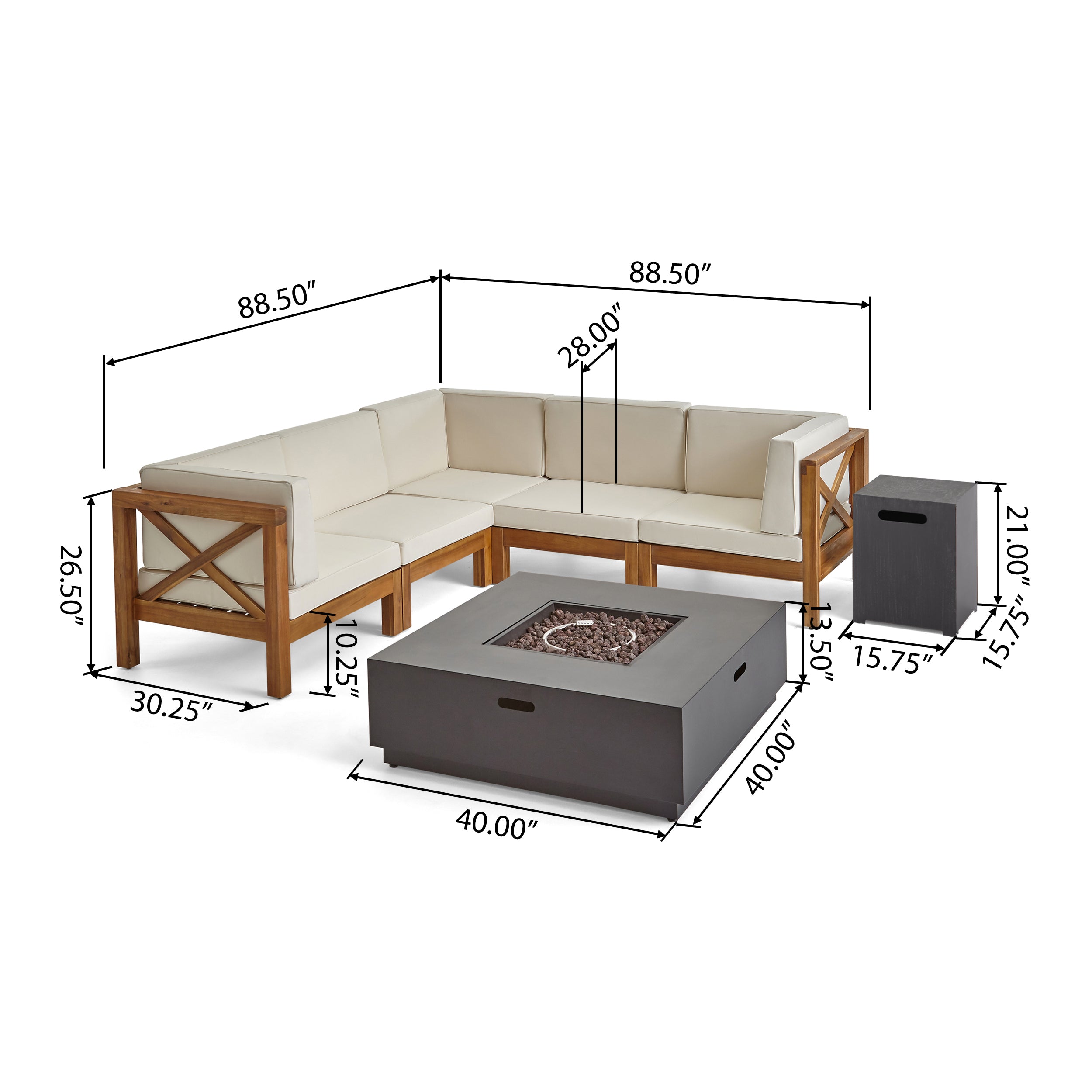 Gina Outdoor Acacia Wood 5 Seater Sectional Sofa Set with Fire Pit