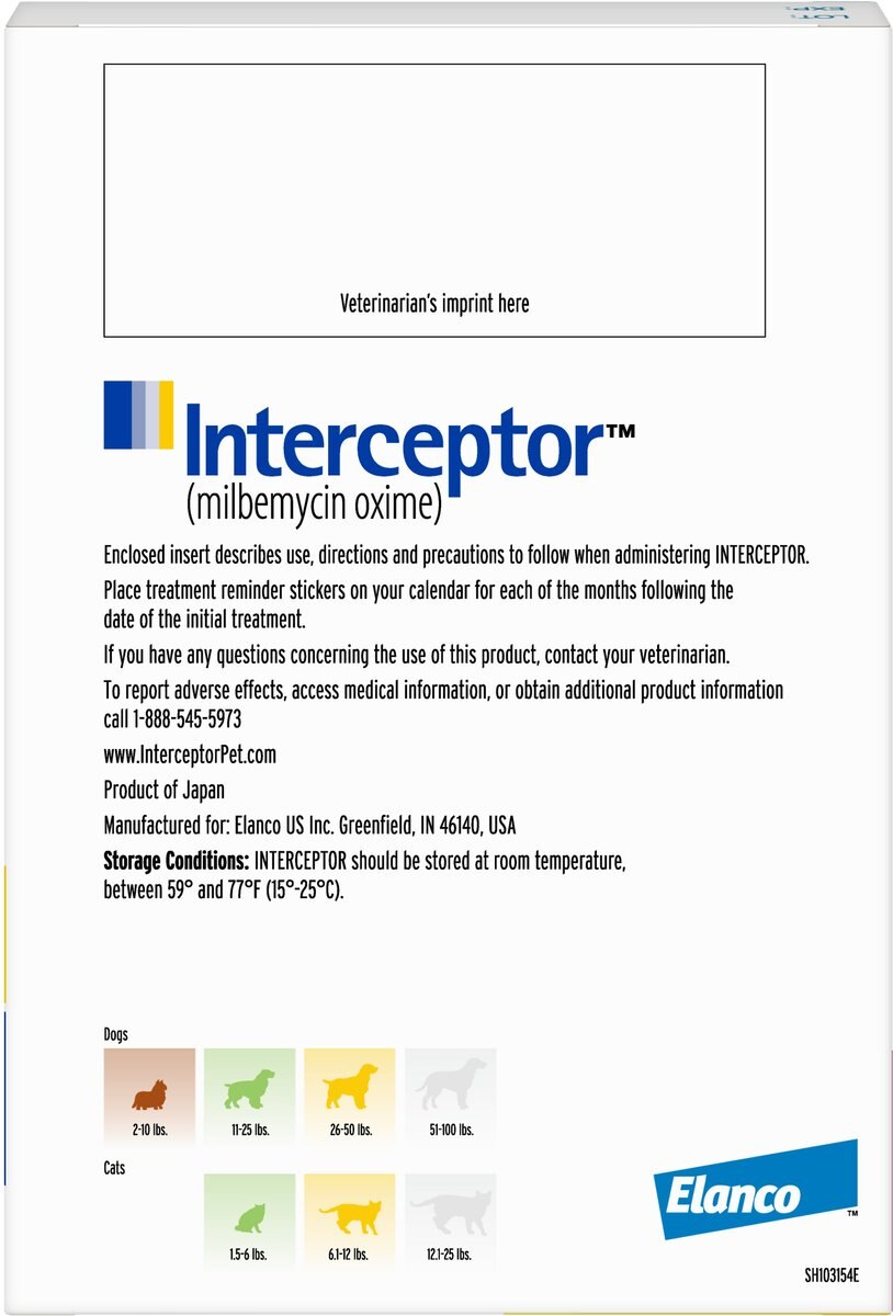 Interceptor Chewable Tablet for Dogs， 26-50 lbs， and Cats， 6.1-12 lbs， (Yellow Box)