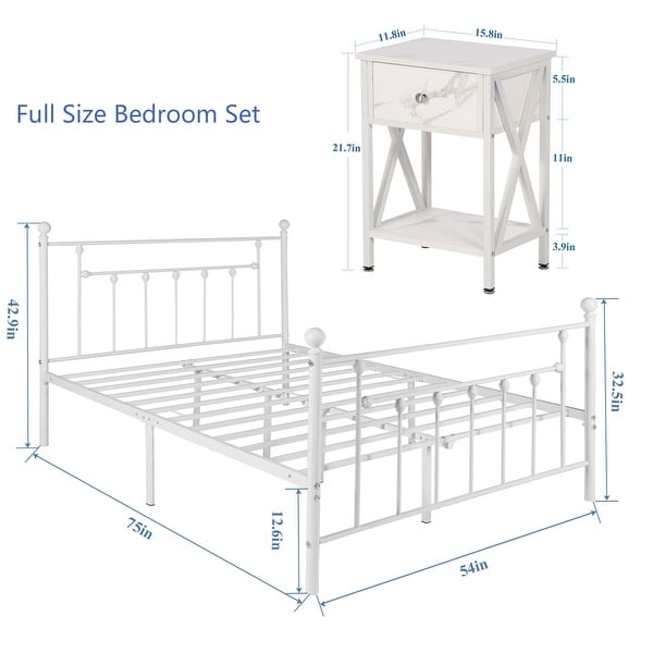 Taomika，（Set of 3）3-Pieces White Bedroom Set Platform Bed Frame and Modern Nightstand-2 - - 35026078