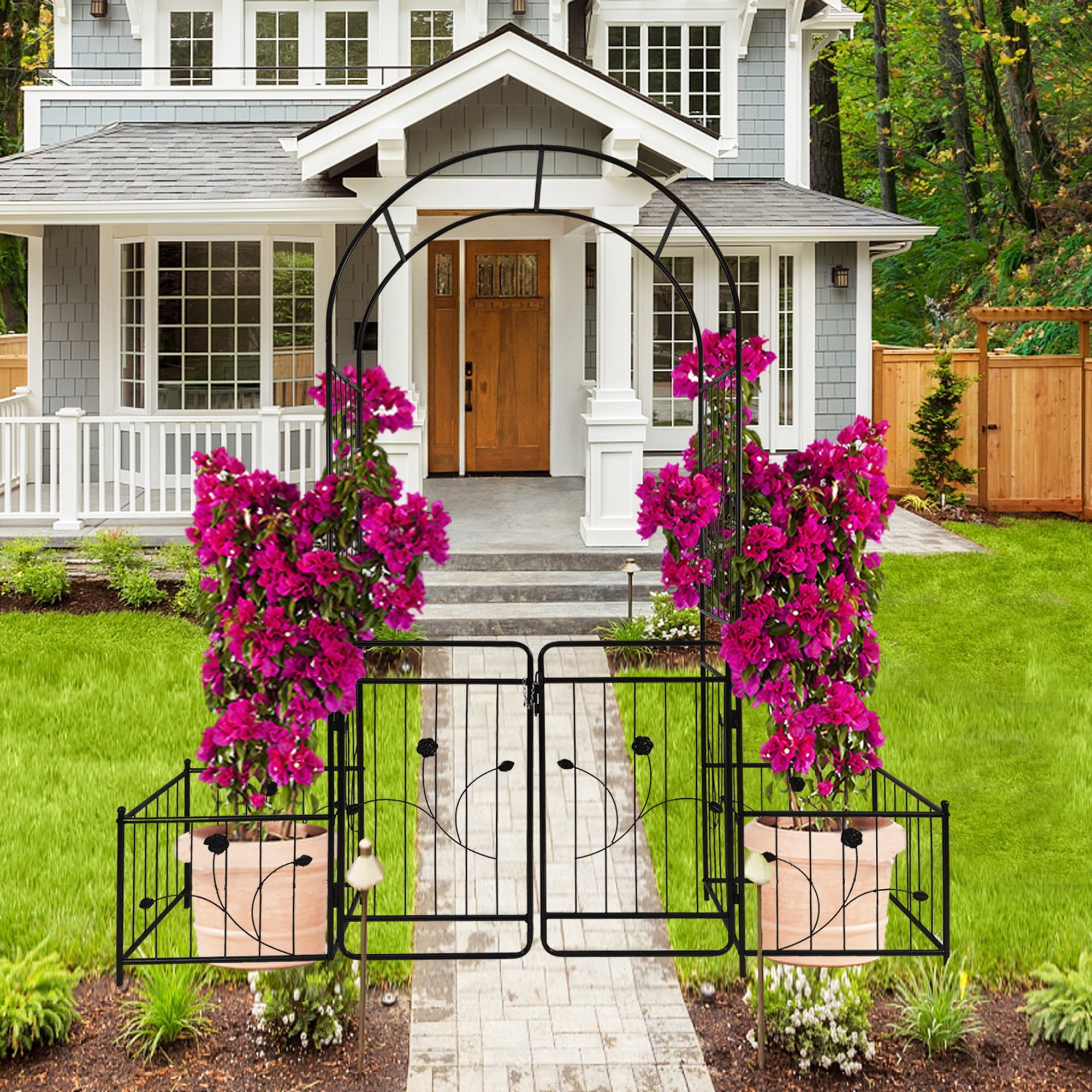 Garden Arbor Metal Garden Arch with Double Doors, Wedding Arch Party Decoration 2 Side Planter Baskets for Outdoor Lawn Climbing Plants Roses Vines