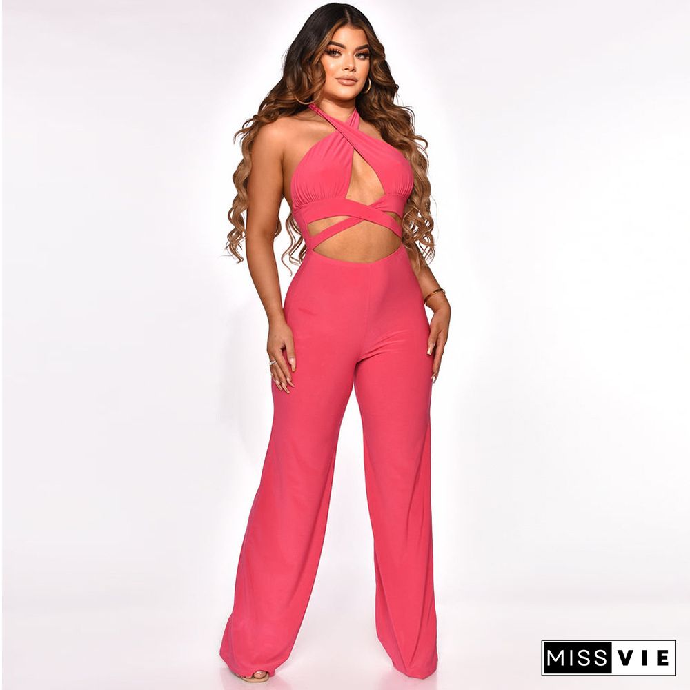 Cut Out Halter Neck Backless Wed Leg Jumpsuit